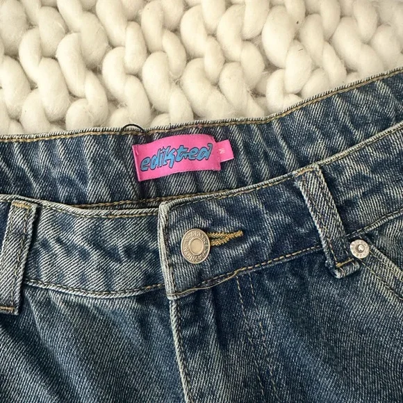 NWOT Edikted Blue Washed Low Rise Bow Ribbon Baggy Jeans - Picture 4 of 11